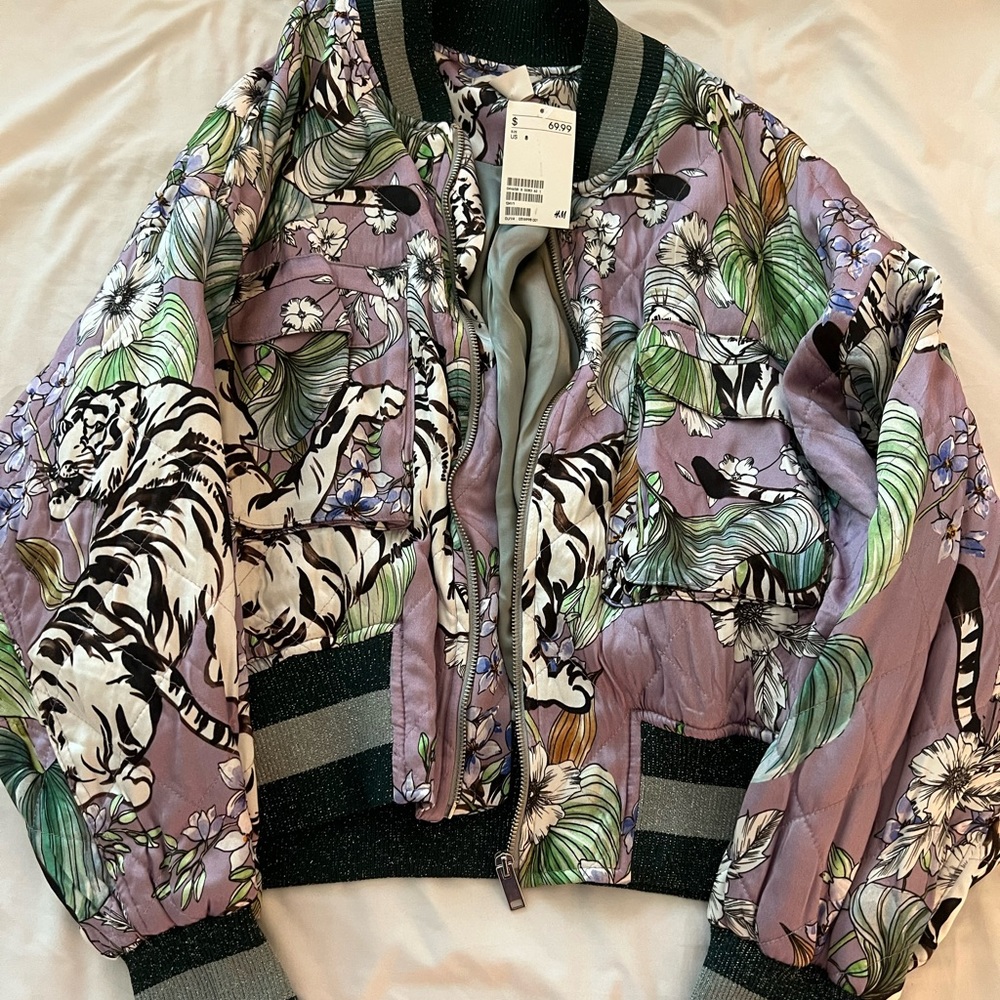 H&M purple tiger pattern bomber jacket